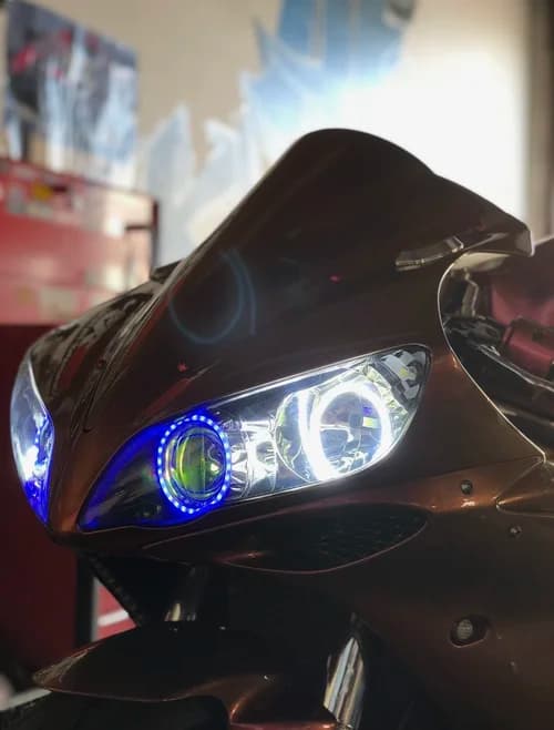 Custom illuminated motorcycle headlight at AE Kustomz